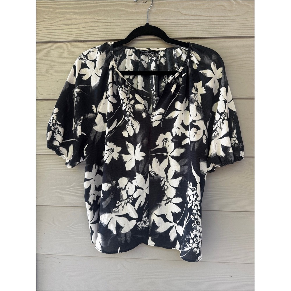 Simply Vera Vera Wang Blouse Womens Large Black White Floral Peasant Boho Top